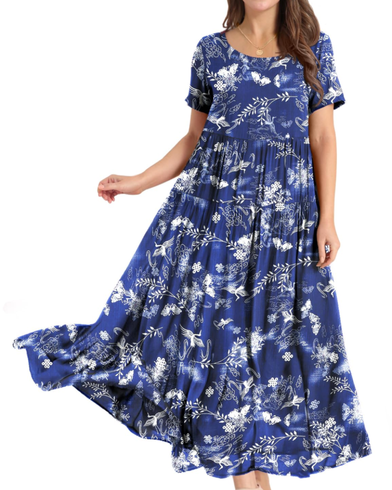 Camille Women’s Floral Maxi Dress – Empire Waist Tiered Swing Dress with Pockets