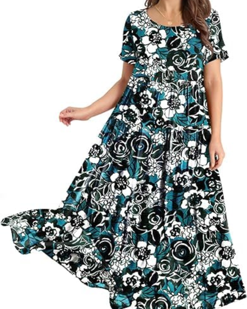 Camille Women’s Floral Maxi Dress – Empire Waist Tiered Swing Dress with Pockets