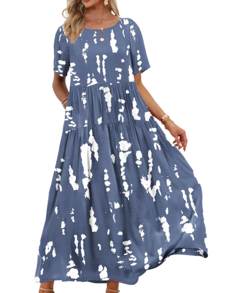 Camille Women’s Floral Maxi Dress – Empire Waist Tiered Swing Dress with Pockets
