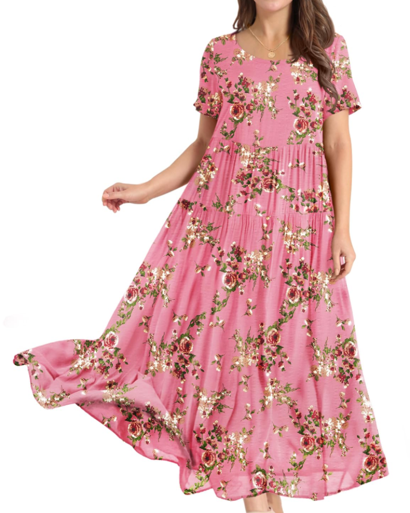 Camille Women’s Floral Maxi Dress – Empire Waist Tiered Swing Dress with Pockets