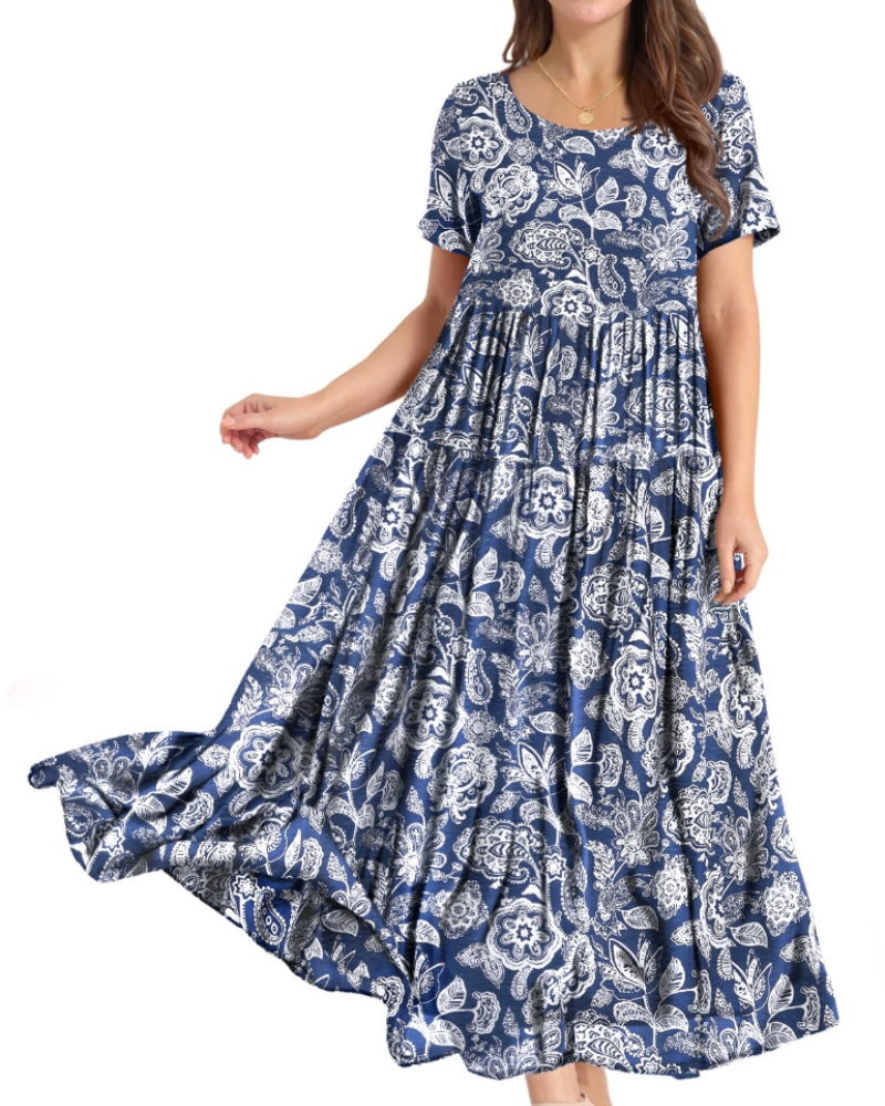 Camille Women’s Floral Maxi Dress – Empire Waist Tiered Swing Dress with Pockets