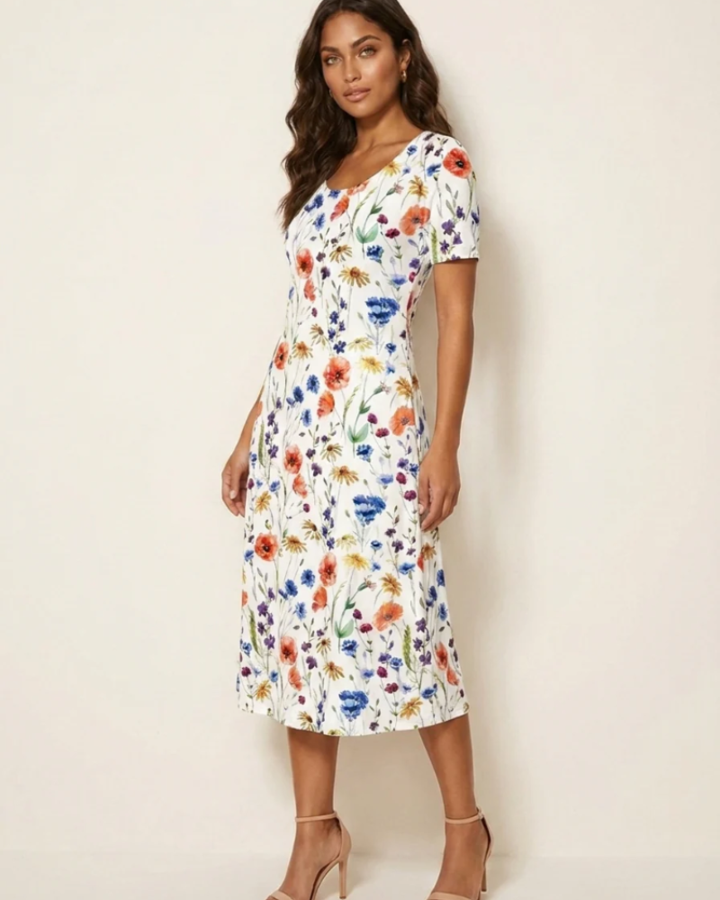 Elsie Women's Floral Midi Dress – Round Neck, Relaxed Fit & Side Pockets