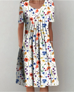 Elsie Women's Floral Midi Dress – Round Neck, Relaxed Fit & Side Pockets