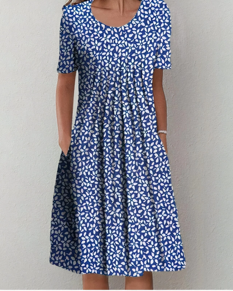 Elsie Women's Floral Midi Dress – Round Neck, Relaxed Fit & Side Pockets