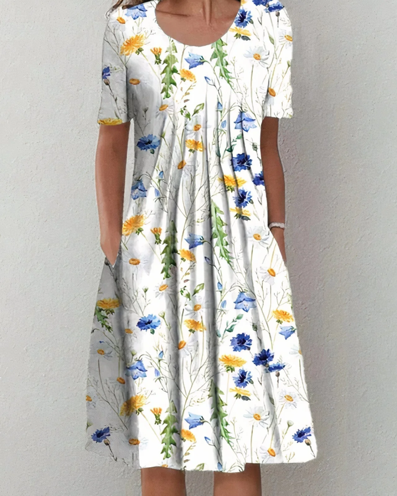 Elsie Women's Floral Midi Dress – Round Neck, Relaxed Fit & Side Pockets