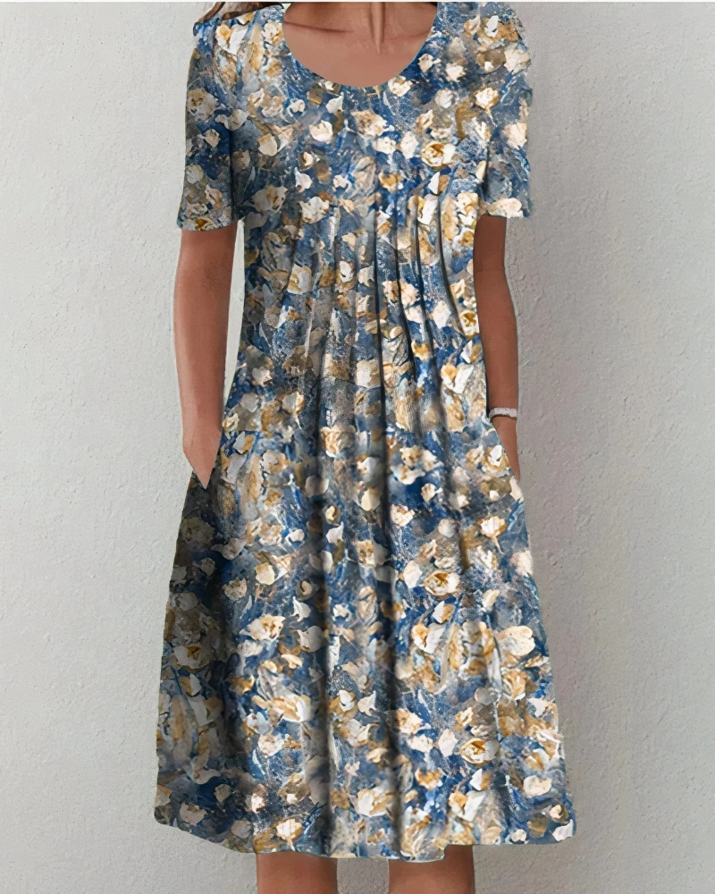 Elsie Women's Floral Midi Dress – Round Neck, Relaxed Fit & Side Pockets
