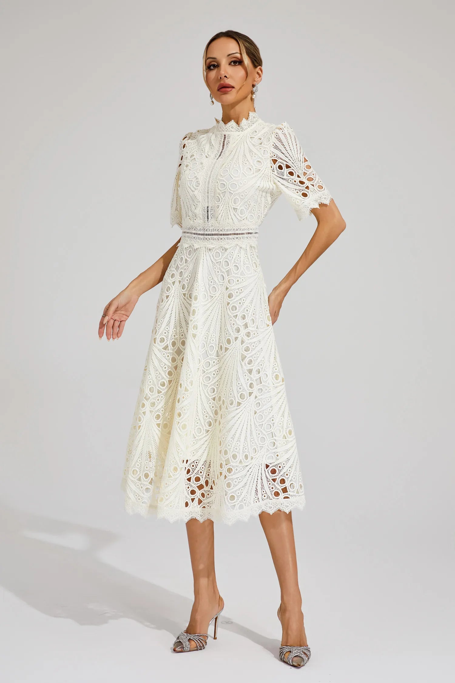 Giada Women's Lace Midi Dress – Short Sleeve Cut-Out Elegant Occasion Dress