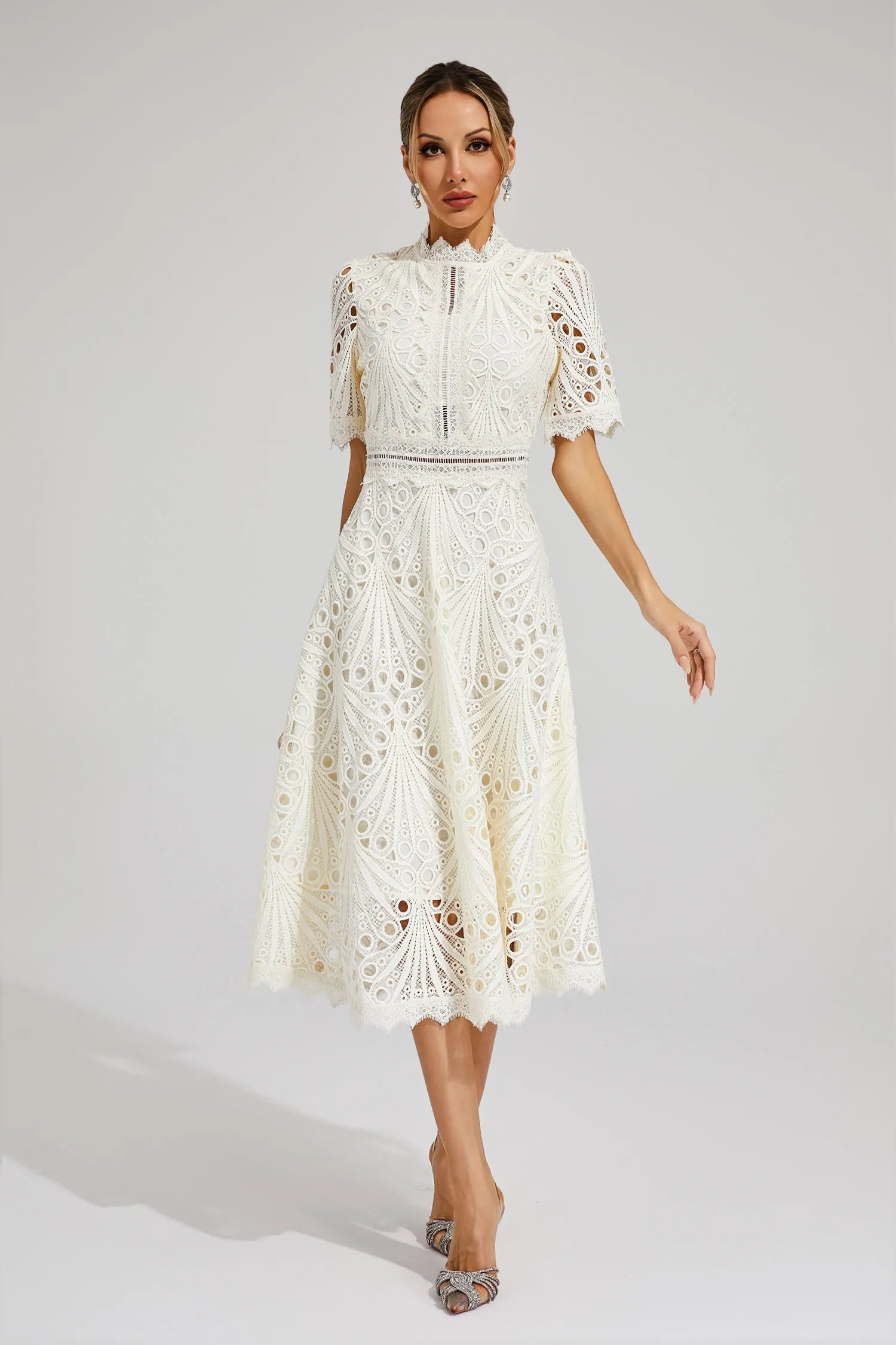 Giada Women's Lace Midi Dress – Short Sleeve Cut-Out Elegant Occasion Dress
