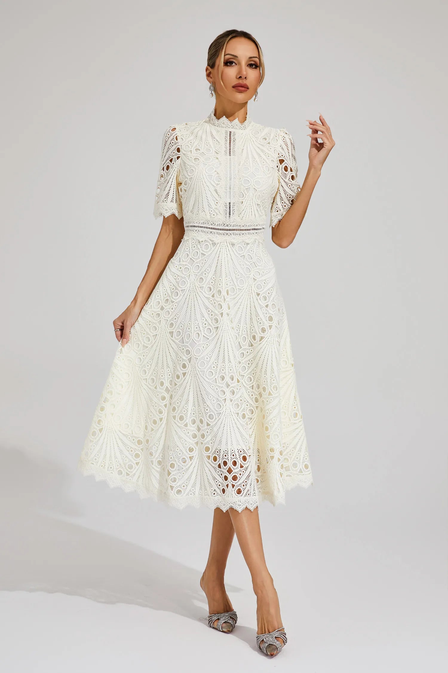 Giada Women's Lace Midi Dress – Short Sleeve Cut-Out Elegant Occasion Dress