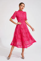 Giada Women's Lace Midi Dress – Short Sleeve Cut-Out Elegant Occasion Dress