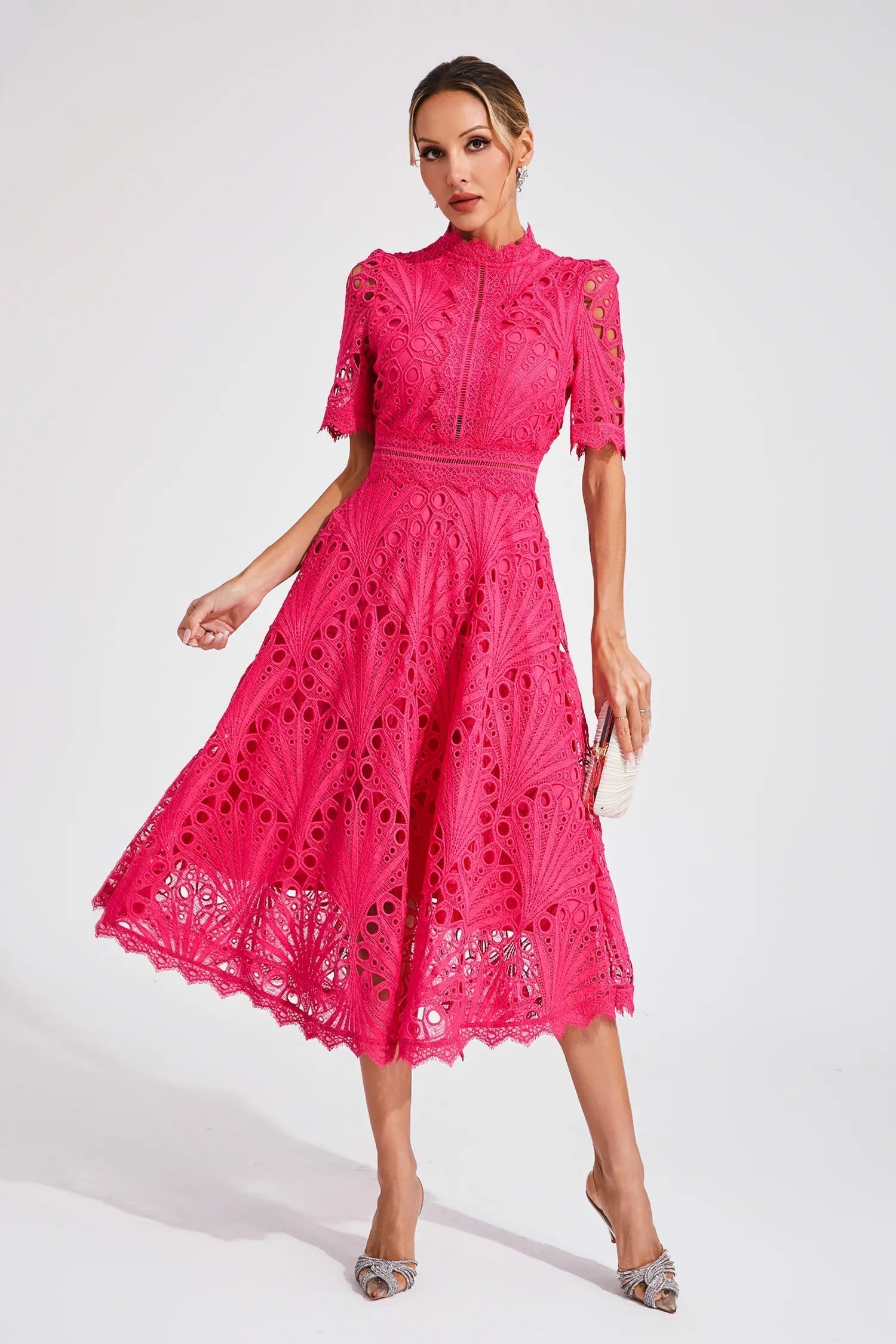 Giada Women's Lace Midi Dress – Short Sleeve Cut-Out Elegant Occasion Dress