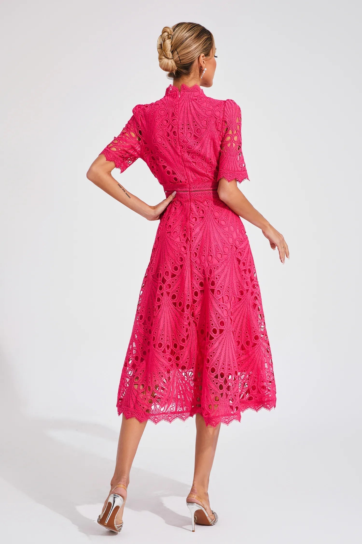 Giada Women's Lace Midi Dress – Short Sleeve Cut-Out Elegant Occasion Dress