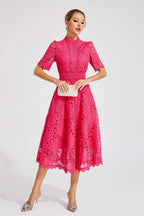 Giada Women's Lace Midi Dress – Short Sleeve Cut-Out Elegant Occasion Dress