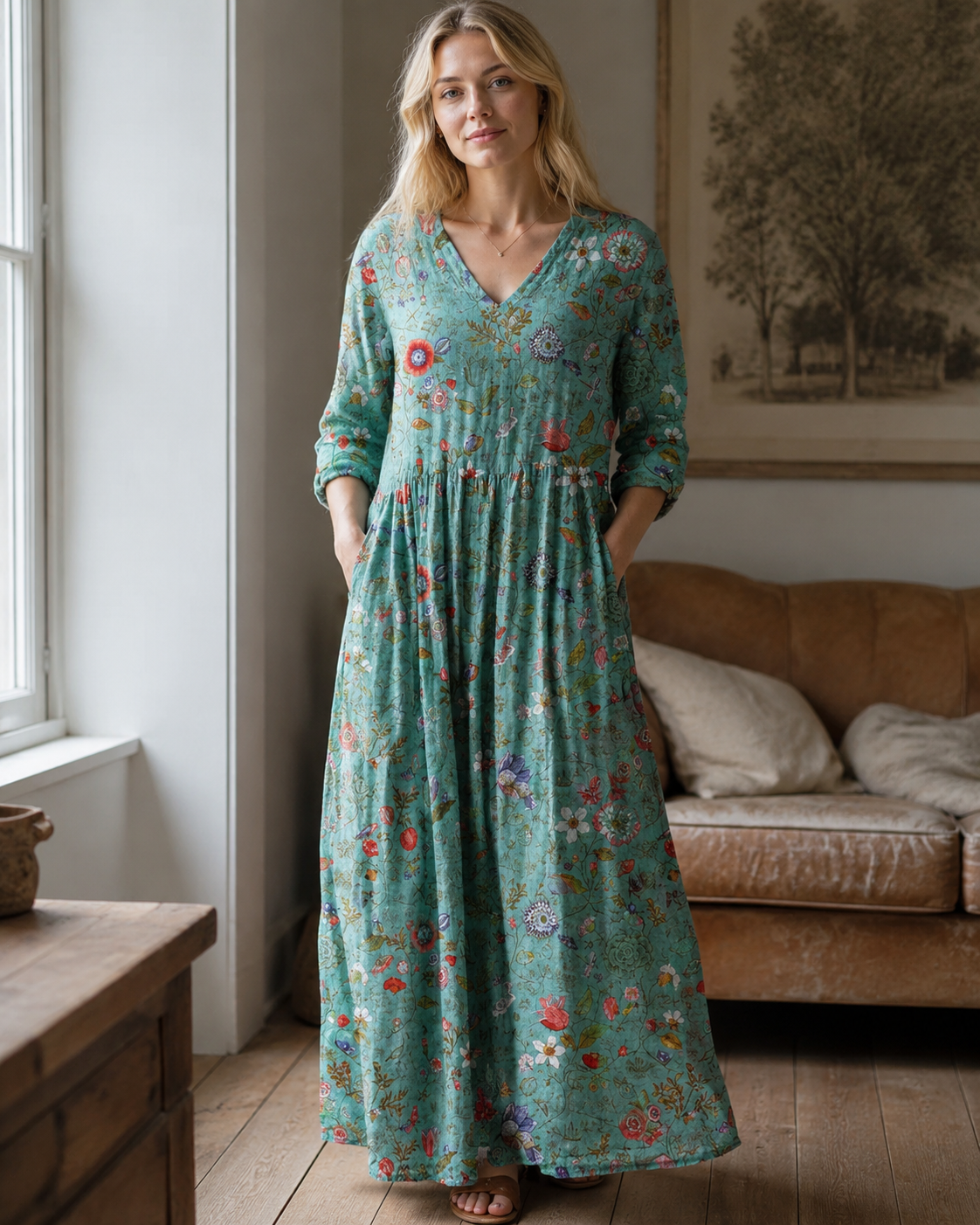 Astrid Women’s Floral Midi Dress – Elegant V-Neck Wedding Guest Summer Dress
