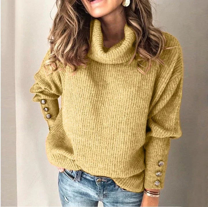 Emma Women's Turtleneck Sweater – Button Sleeve Warm Winter Knit Pullover