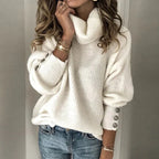 Emma Women's Turtleneck Sweater – Button Sleeve Warm Winter Knit Pullover