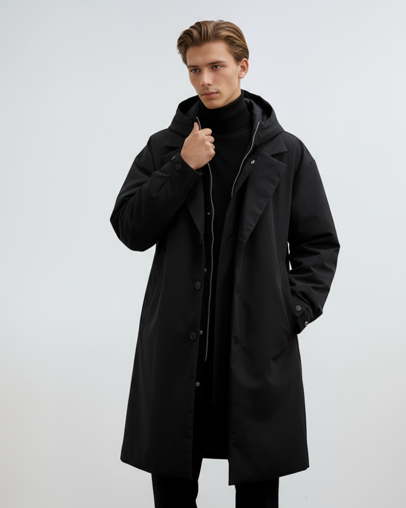 Kennington Men's Trench Coat – Long Straight Coat with Removable Hood
