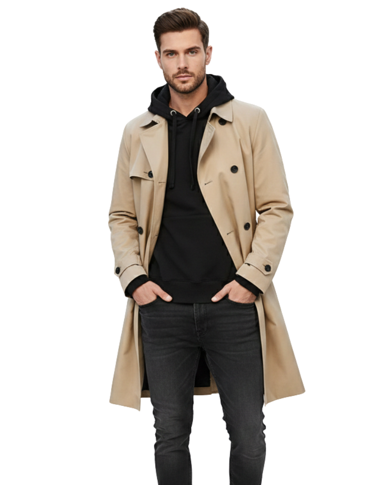 Gian Men's Trench Coat – Double-Breasted Belted Coat for Formal and Casual Wear