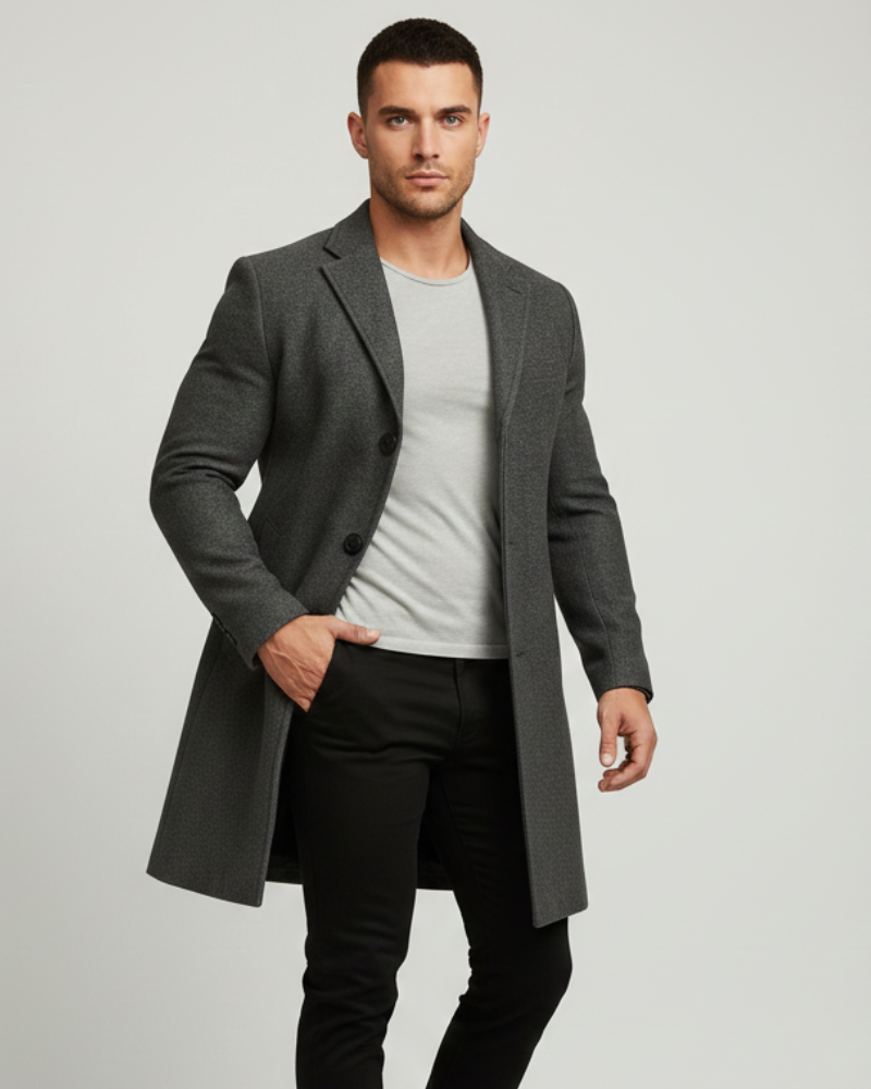 Ian Men's Winter Coat – Long Wind-Resistant Button Coat with Lapel Collar