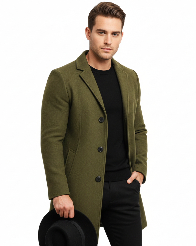 Ian Men's Winter Coat – Long Wind-Resistant Button Coat with Lapel Collar