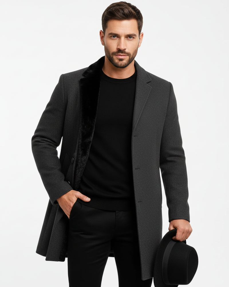 Ian Men's Winter Coat – Long Wind-Resistant Button Coat with Lapel Collar