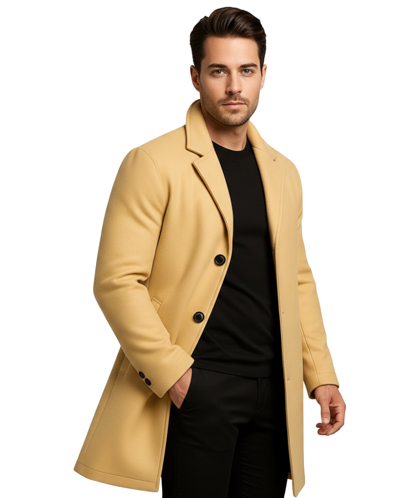 Ian Men's Winter Coat – Long Wind-Resistant Button Coat with Lapel Collar