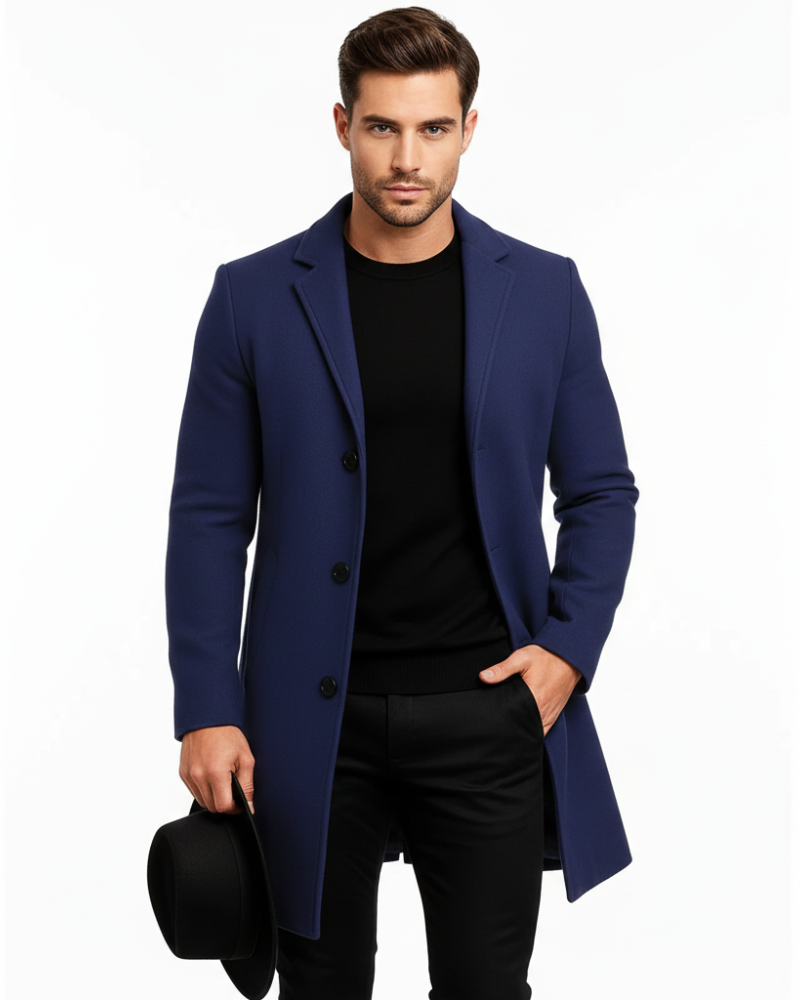 Ian Men's Winter Coat – Long Wind-Resistant Button Coat with Lapel Collar