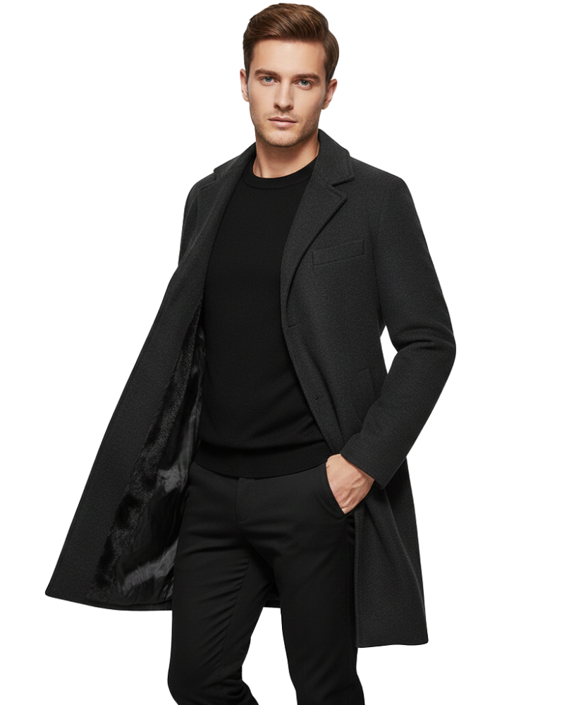 Ian Men's Winter Coat – Long Wind-Resistant Button Coat with Lapel Collar