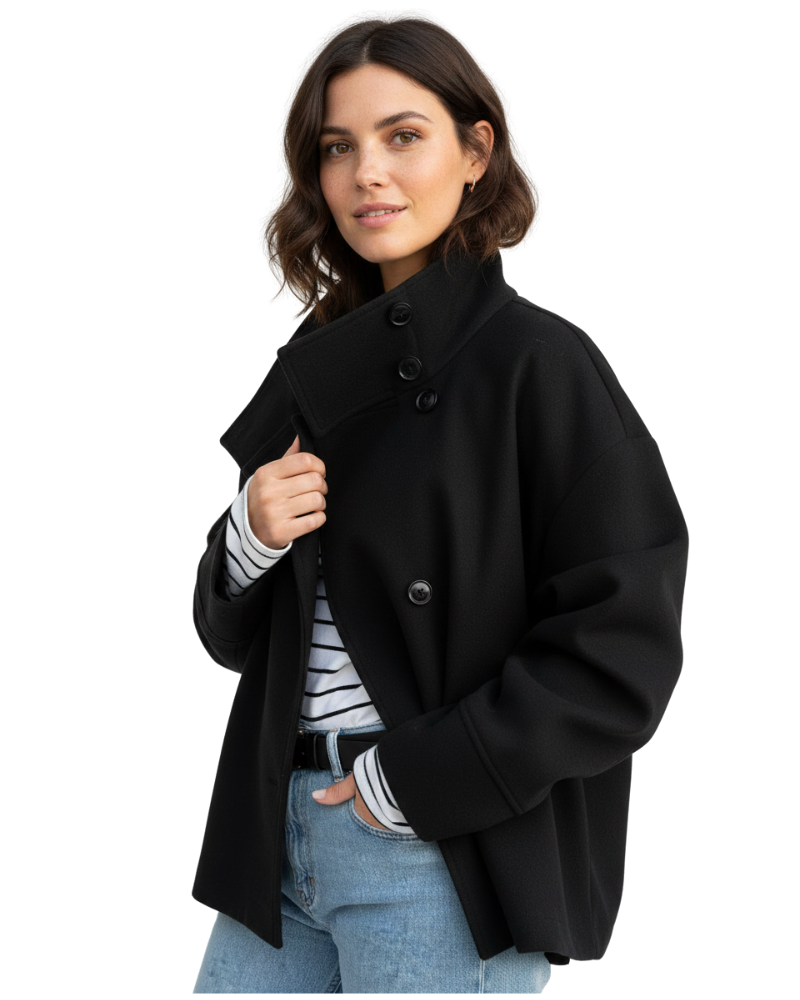 Yara Women's Cropped Jacket – Stand Collar Button-Up Elegant Fall Coat