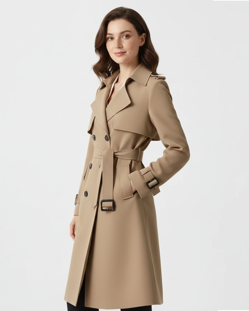 Charlie Women's Trench Coat – Double-Breasted Belted Slim Fit Mid-Length Coat