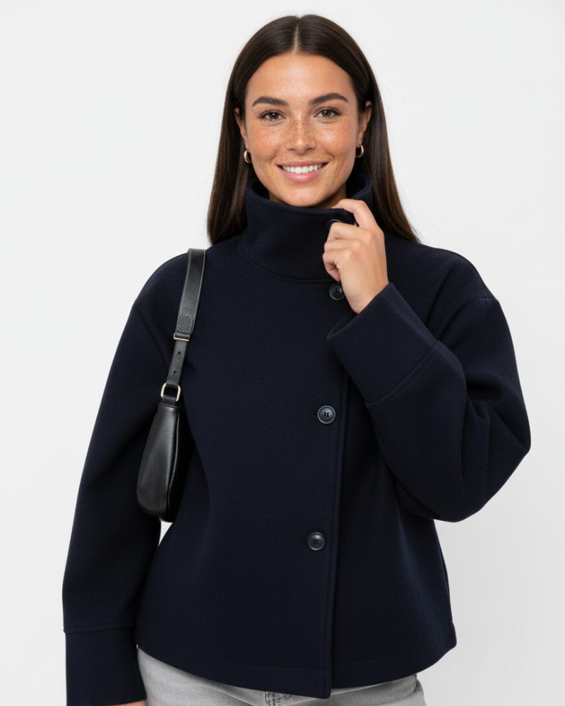 Yara Women's Cropped Jacket – Stand Collar Button-Up Elegant Fall Coat
