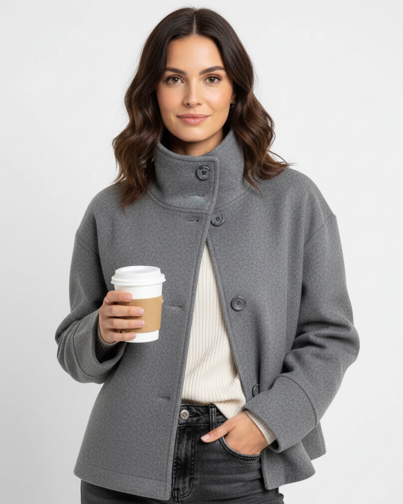 Yara Women's Cropped Jacket – Stand Collar Button-Up Elegant Fall Coat