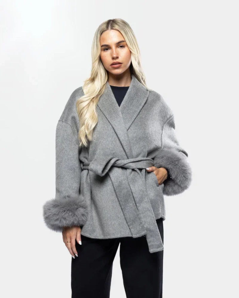 Livia Women’s Long Winter Coat – Faux Fur Sleeve Belted Elegant Warm Overcoat