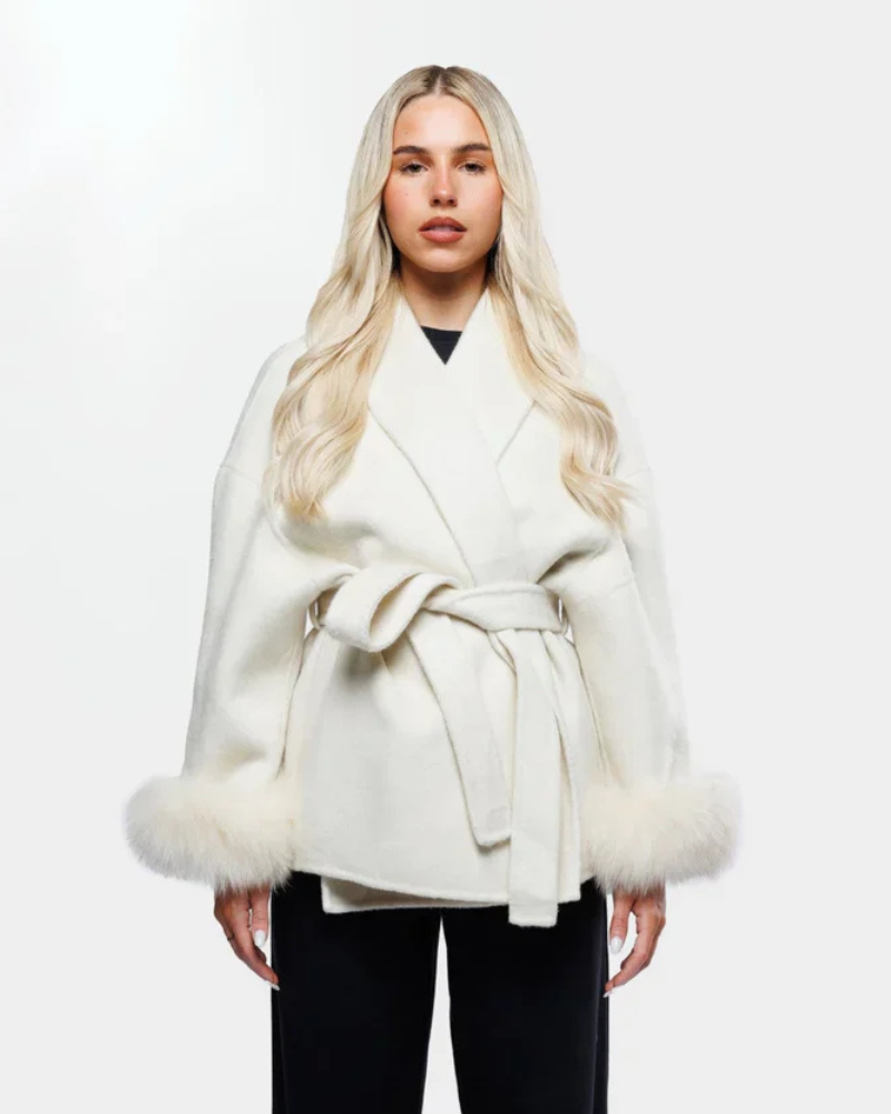Livia Women’s Long Winter Coat – Faux Fur Sleeve Belted Elegant Warm Overcoat