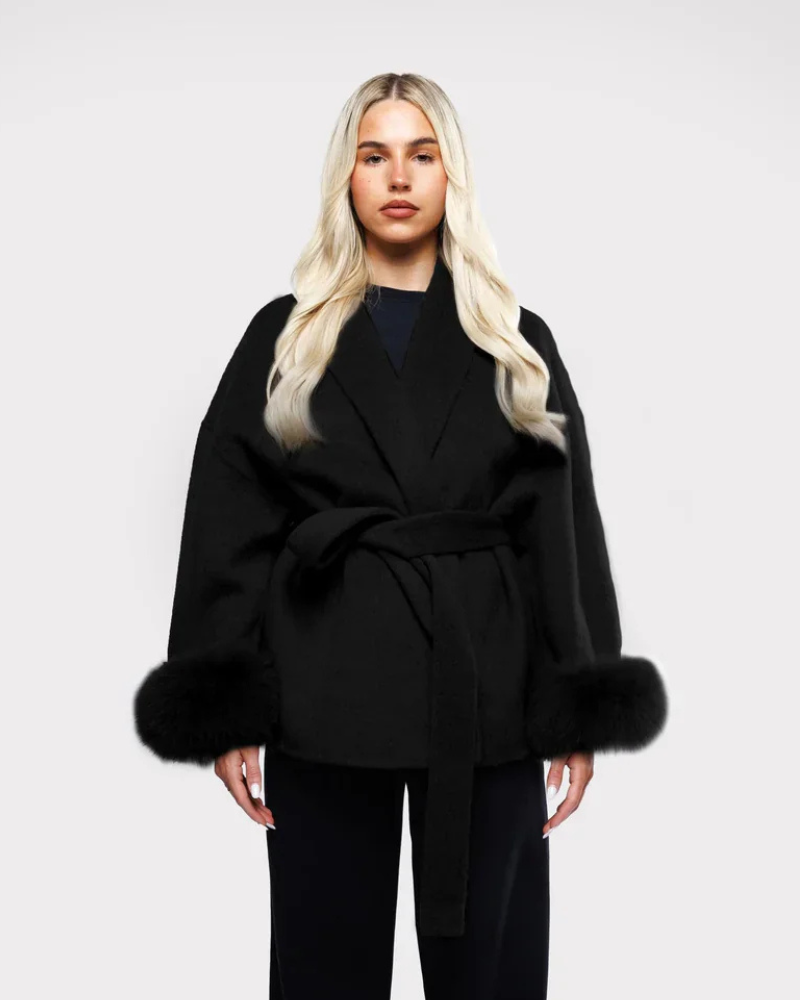 Livia Women’s Long Winter Coat – Faux Fur Sleeve Belted Elegant Warm Overcoat