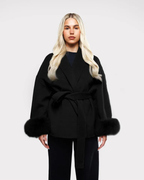 Livia Women’s Long Winter Coat – Faux Fur Sleeve Belted Elegant Warm Overcoat