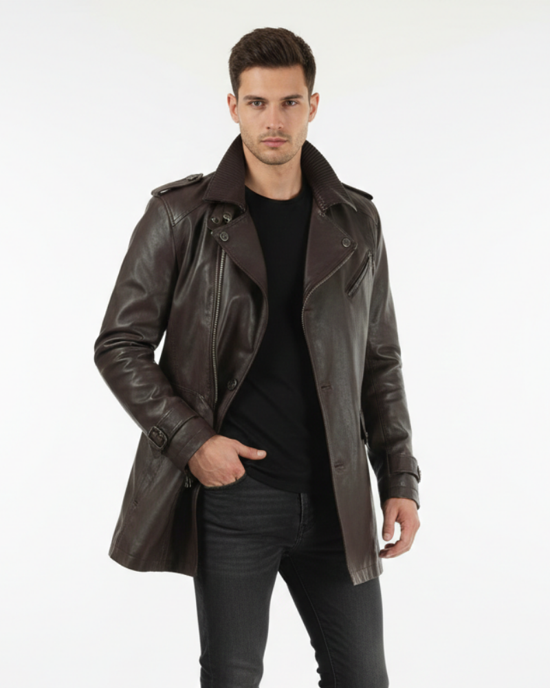 Zayko Men's Long Leather Coat – Regular Fit Classic Coat for Fall and Winter