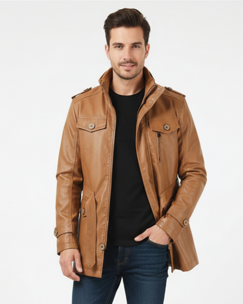 Zayko Men's Long Leather Coat – Regular Fit Classic Coat for Fall and Winter