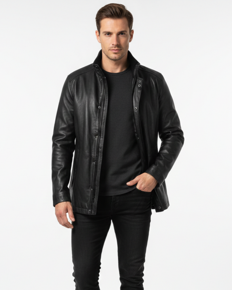 Zayko Men's Long Leather Coat – Regular Fit Classic Coat for Fall and Winter