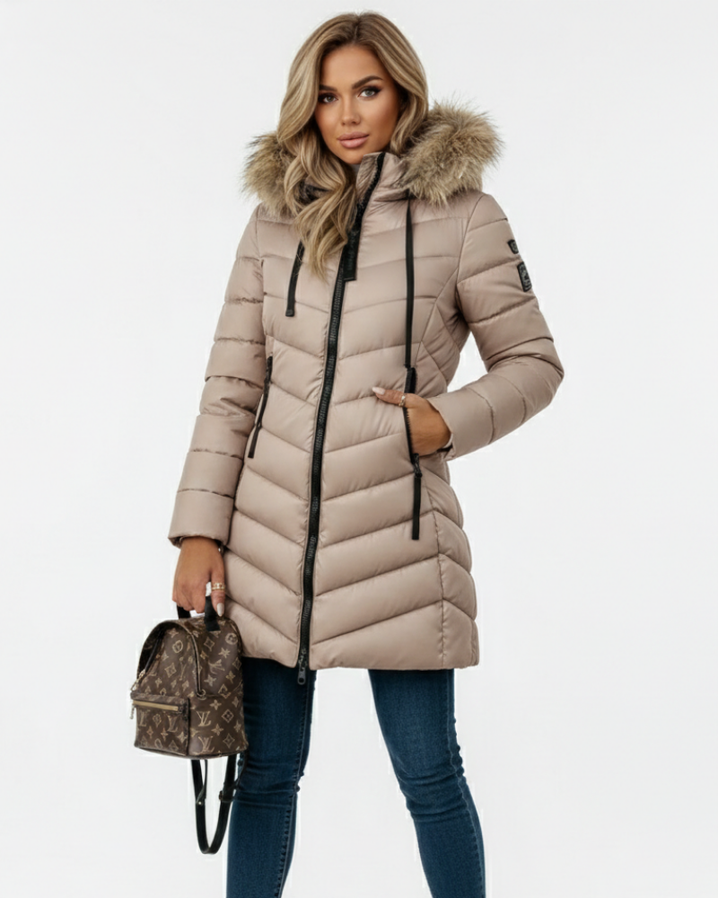 Anne Women’s Puffer Jacket – Chevron Quilted Winter Coat with Faux Fur Hood