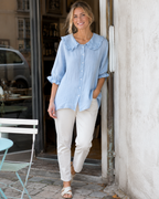 Jillian Women's Cotton Linen Blouse – Ruffle Peter Pan Collar Loose Fit Shirt