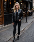 Janiyah Women's Leather Jacket – Stand Collar Zip Jacket with Pockets