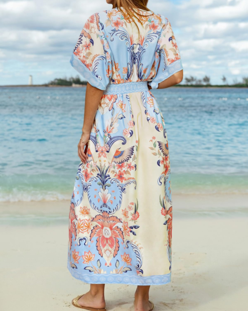 Vivian Women's Boho Maxi Dress – Deep V-Neck Kimono Sleeve Floral Dress with Slit