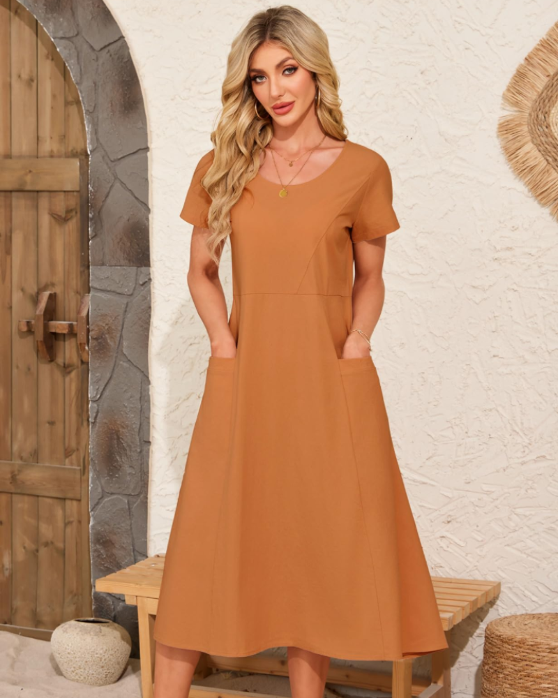 Aubrey Women's Cotton Midi Dress – Round Neck Boho Dress with Side Pockets