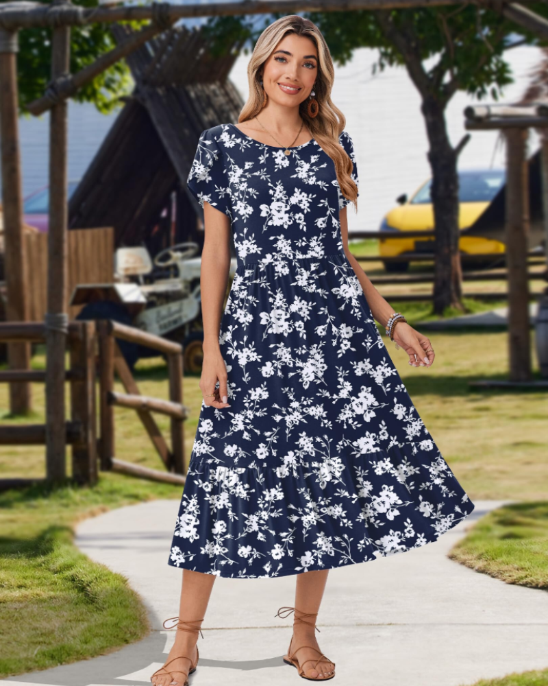 Harper Women's Floral Midi Dress – A-Line Petal Sleeve Dress with Tiered Hem & Pockets