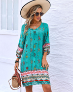 Evelyn Women's Boho Tunic Dress – Floral Tassel Long Sleeve Mini Beach Cover-Up