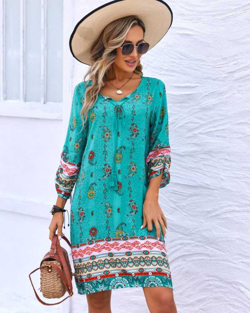 Evelyn Women's Boho Tunic Dress – Floral Tassel Long Sleeve Mini Beach Cover-Up