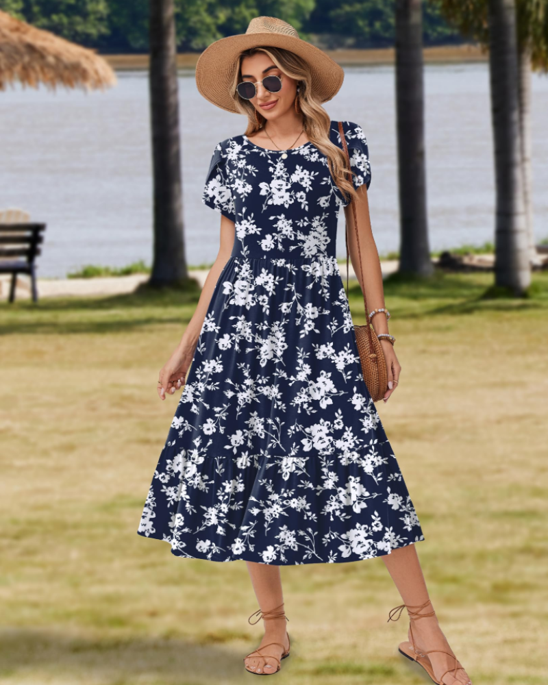 Harper Women's Floral Midi Dress – A-Line Petal Sleeve Dress with Tiered Hem & Pockets