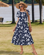 Harper Women's Floral Midi Dress – A-Line Petal Sleeve Dress with Tiered Hem & Pockets