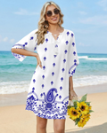 Cecilia Women's Boho Tunic Dress – V-Neck Floral Tassel Knee-Length with Pockets